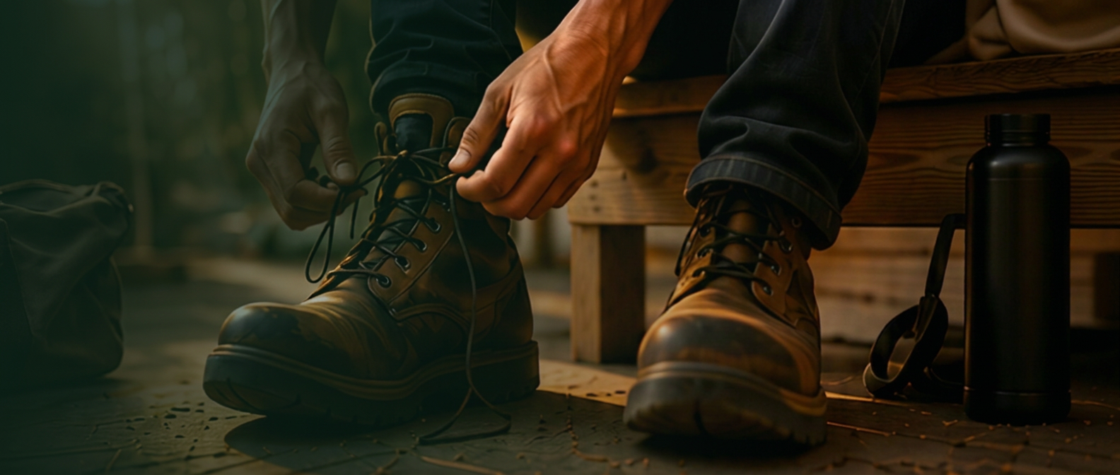 Hands tying the laces on worn work boots before the day begins