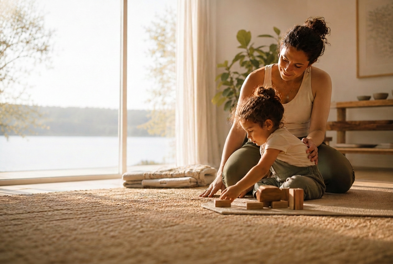 A mother and child quietly playing together in warm natural light